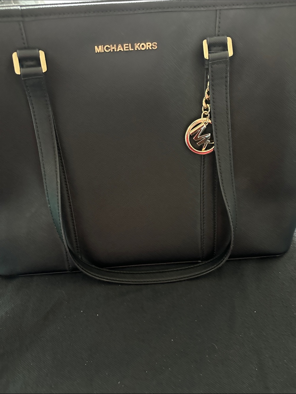 Michael Kors Black Saffiano Leather Shoulder Tote with Gold Accent Charm
